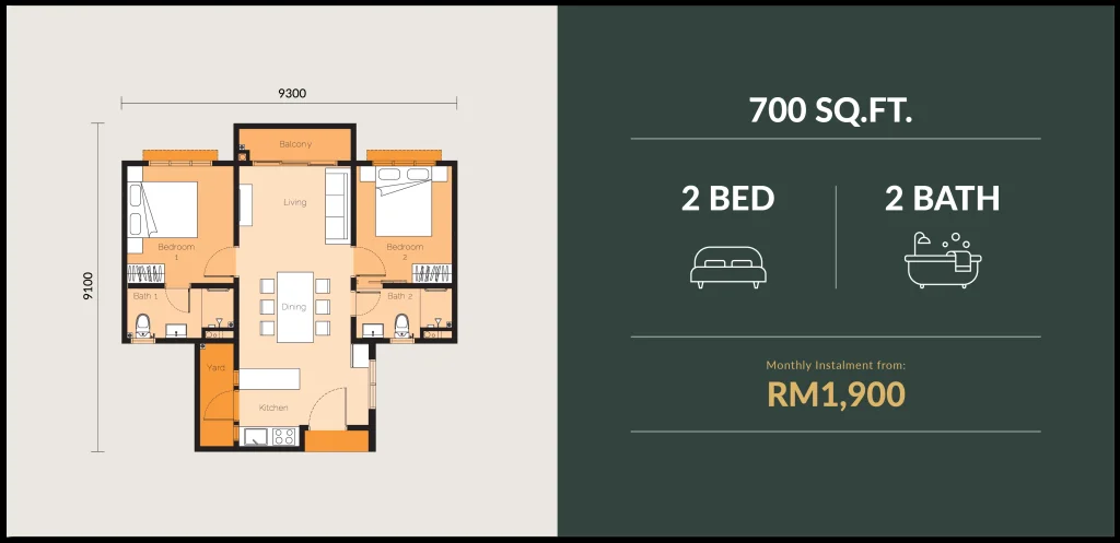 700 sq ft floor plan, 2 bedroom 2 bathroom, The Wyn Residences