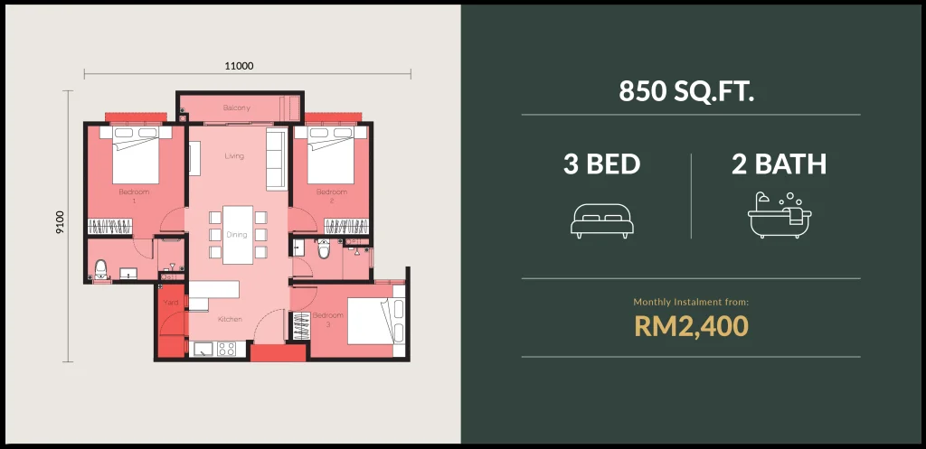 850 sq ft floor plan, 3 bedroom 2 bathroom, The Wyn Residences