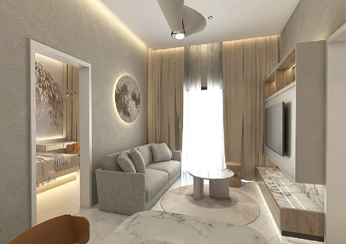 Living room interior render at The Wyn Residences show unit, Puchong